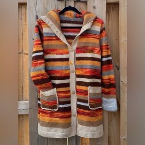 HANDMADE Earth Tone Boho Striped Hoodie Cardigan - Fits like a Medium